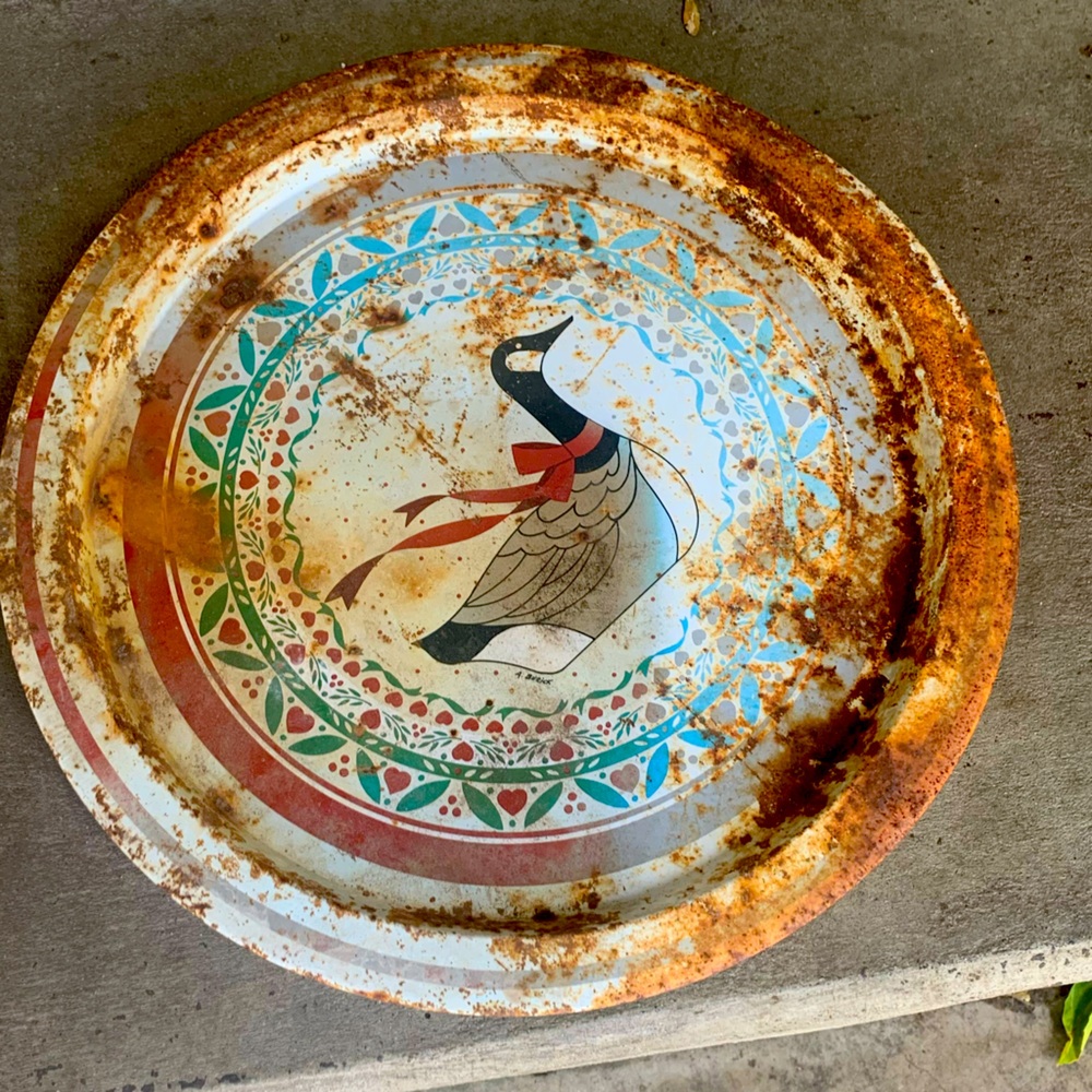 Vintage Rustic Tin Decorative Tray with Crane Aged Patina Design est. 1940’s